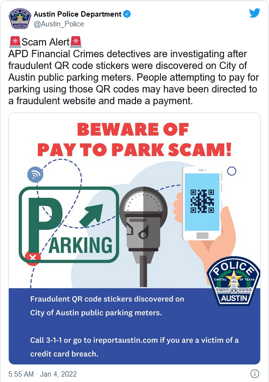 奥斯汀街头骗子盯上停车咪表：放置自制二维码以窃取付款信息