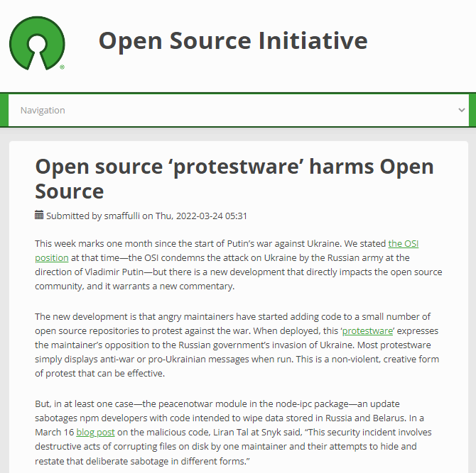 开源倡议组织就俄乌冲突期间的乱象表态 不希望将开源工作“武器化”