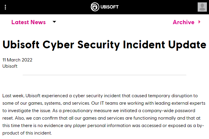 育碧通报网络安全事件 全公司已采取重置密码的预防措施